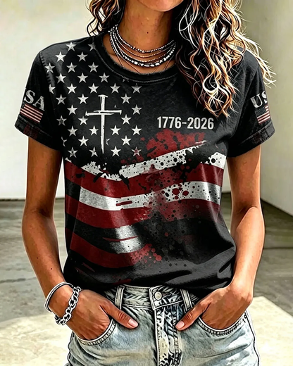 Women's American 250Th Anniversary Cross Print Crew Neck Short Sleeve Tshirt