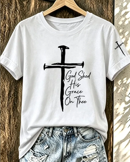 100% Cotton Christian Cross Letter Print Crew Neck Short Sleeve Tshirt