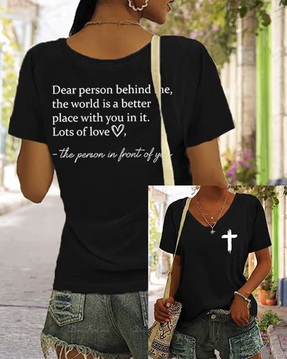 Women's Faith Dear Person Behind Me Cross Print V Neck T-Shirt