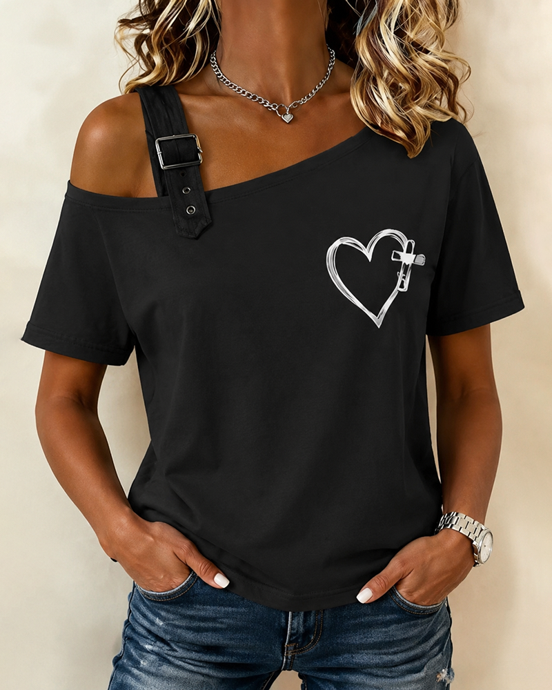 Simple Love Pin Printing Shoulder Shoulder Casual Short-sleeved T-shirt
