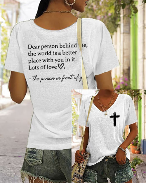 Women's Faith Dear Person Behind Me Cross Print V Neck T-Shirt