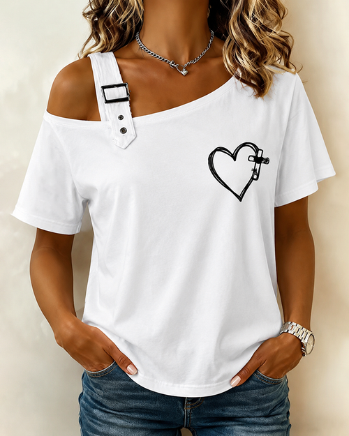Simple Love Pin Printing Shoulder Shoulder Casual Short-sleeved T-shirt