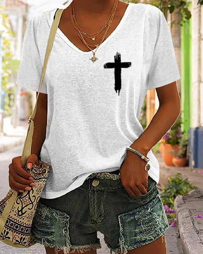 Women's Faith Dear Person Behind Me Cross Print V Neck T-Shirt