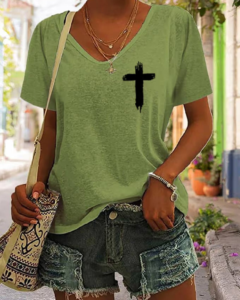 Women's Faith Dear Person Behind Me Cross Print V Neck T-Shirt