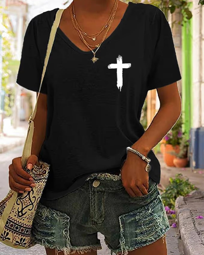 Women's Faith Dear Person Behind Me Cross Print V Neck T-Shirt