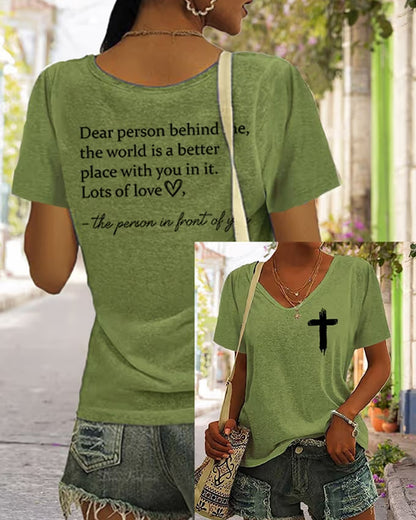 Women's Faith Dear Person Behind Me Cross Print V Neck T-Shirt