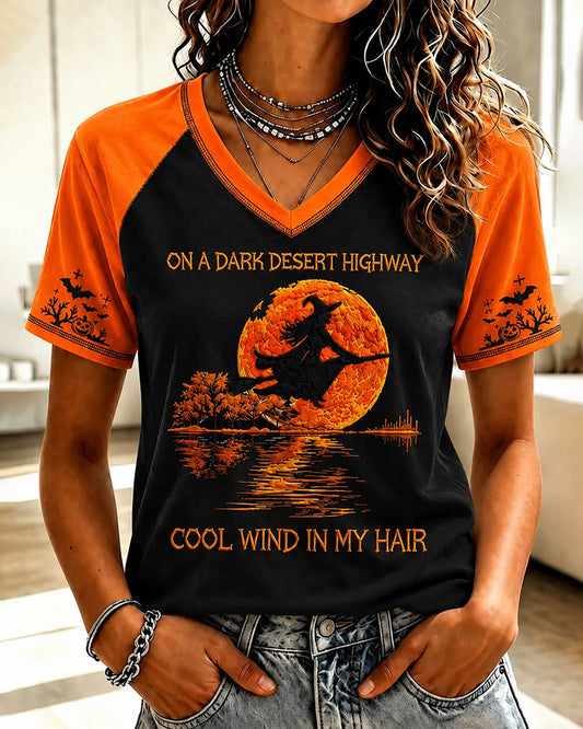 Women's Halloween Witch Pumpkin Bat V-neck Short Sleeve T-Shirt