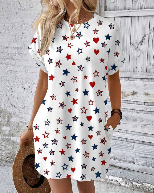 Contrasting Color Stars and Hearts Crew Neck Pockets Mini Dress