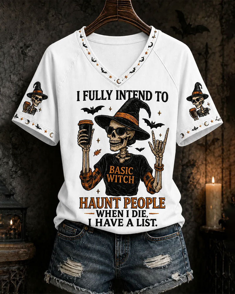 Women's Funny Halloween Skull Witch PrintT-Shirt