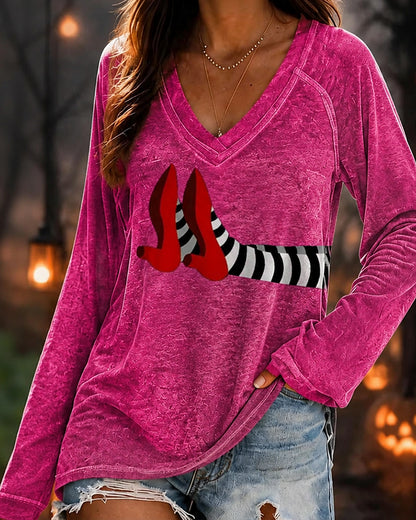 Women’s Halloween-Printed V-neck Long-sleeved T-shirt
