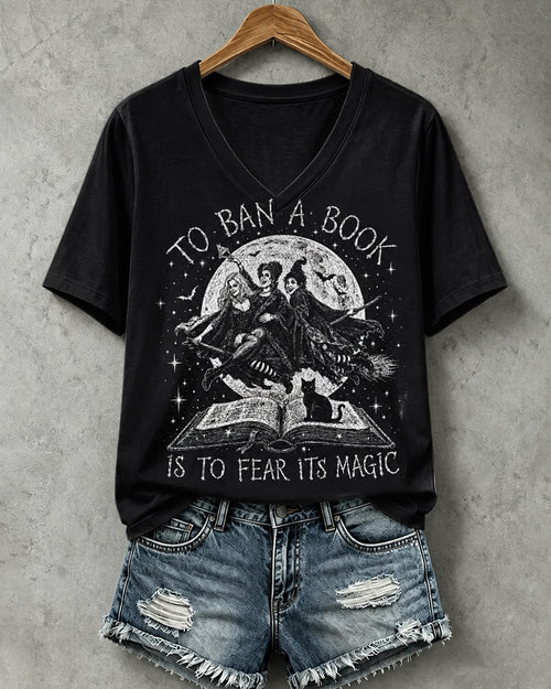 100% Cotton Women's Halloween Vintage Witch Spooky Moon Black Cat V- Neck Short Sleeve Tshirt