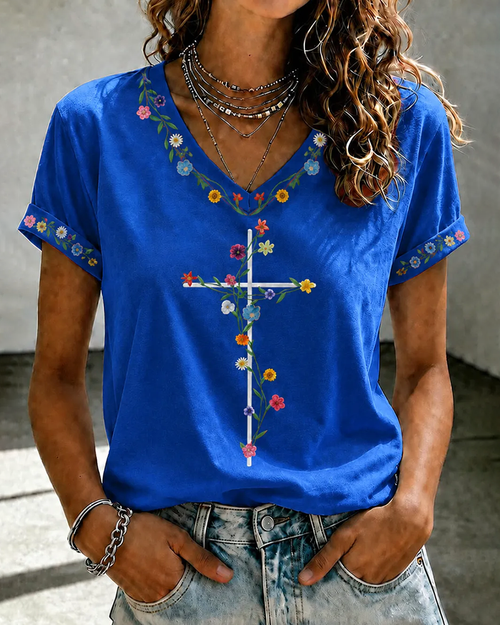 Floral Cross Print V-neck Short Sleeve Tshirt