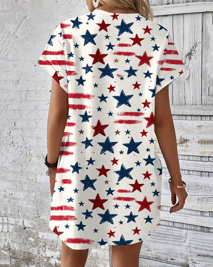 Graffiti Stripes and Stars Crew Neck Pockets Mini Dress