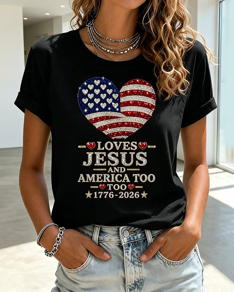 100% Cotton Loves Jesus and America Too Crew Neck Short Sleeve Tshirt