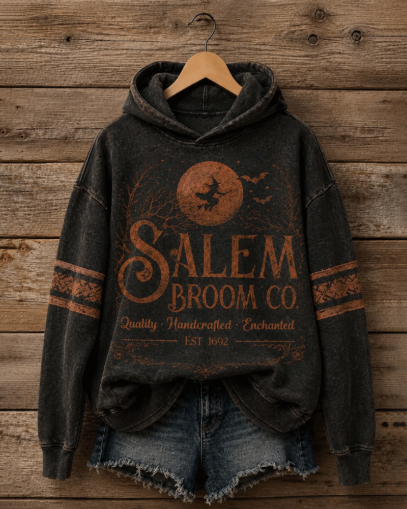 Women's Halloween Salem Broom Company Printed Long Sleeve Hoodie
