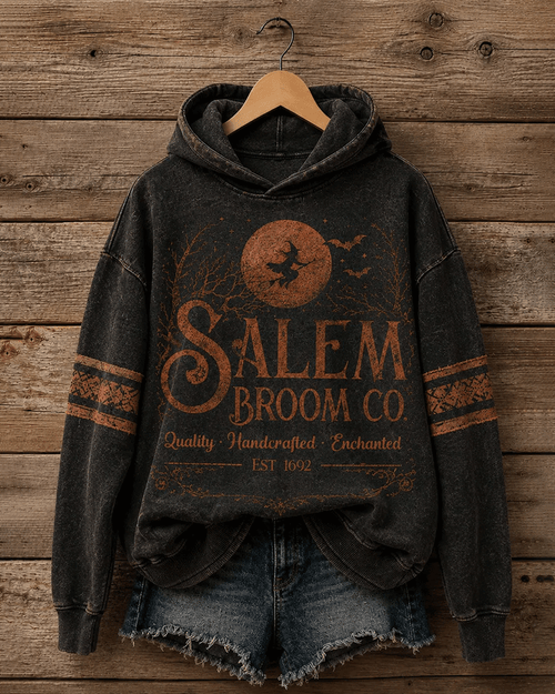 Women's Halloween Salem Broom Company Printed Long Sleeve Hoodie