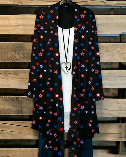 Contrasting Color Stars and Hearts Long Sleeve Casual Longline Cardigan