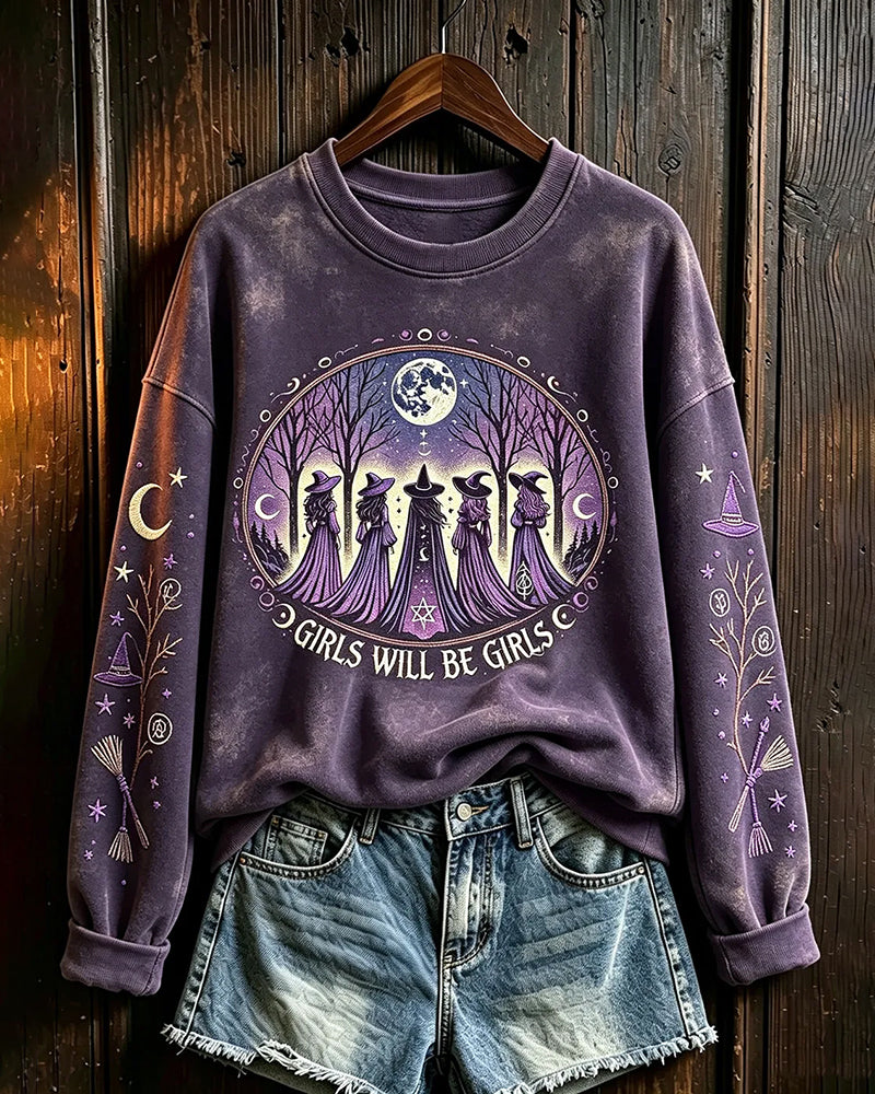 Women's Halloween Full Moon Witch Print Round Neck Sweatshirt