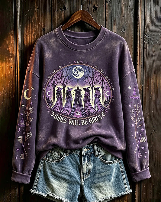 Women's Halloween Full Moon Witch Print Round Neck Sweatshirt
