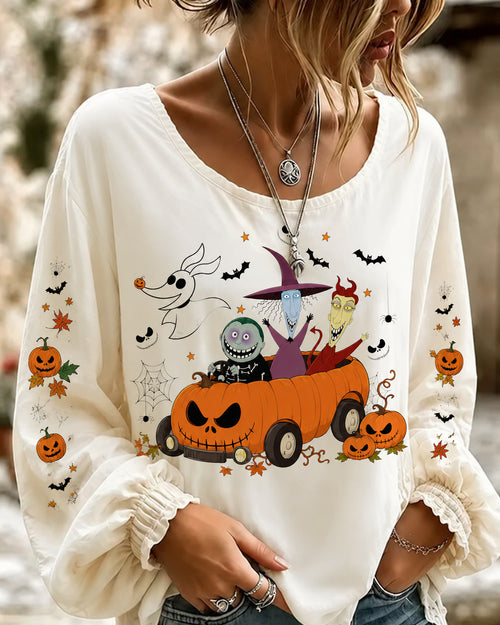 Cute Halloween Cartoon Prints Round Neck Puff Sleeves Blouse