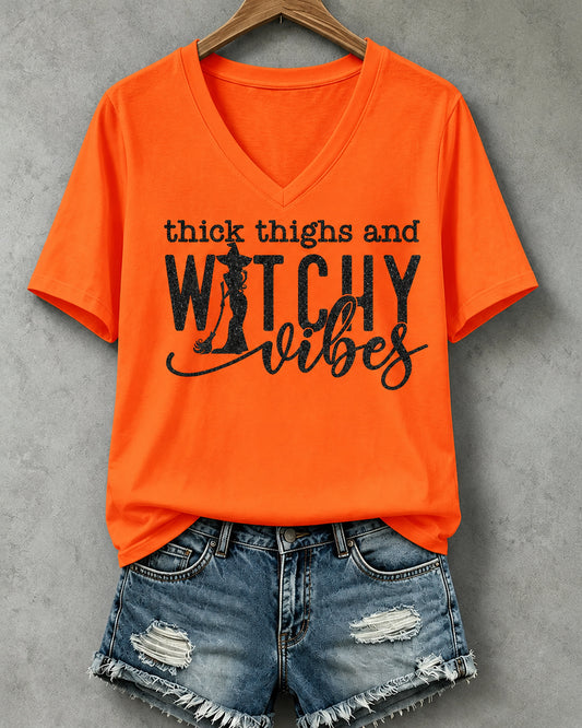 100% Cotton Women's Thick Thighs & Witchy Vibes V- Neck Short Sleeve Tshirt