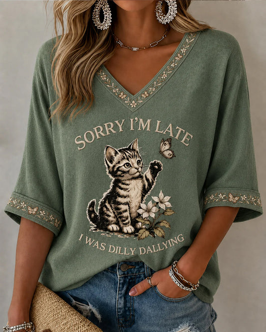 Funny Christian I Was Dilly Dallying Print V-neck Loose T-shirt