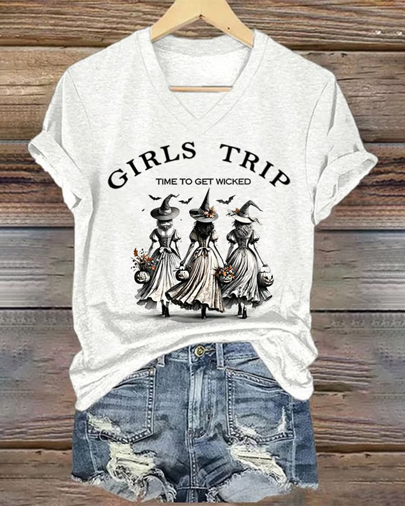 100% Cotton Funny Halloween Witch Girls Trip Time To Get Wicked V Neck Short Sleeve Tshirt