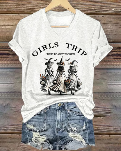 100% Cotton Funny Halloween Witch Girls Trip Time To Get Wicked V Neck Short Sleeve Tshirt