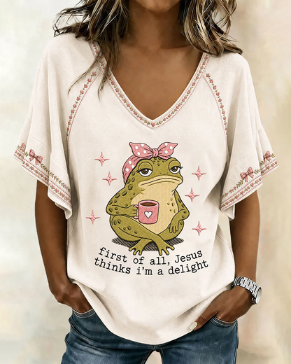 Jesus Thinks I'm A Delight Print V-neck Bell Sleeve Top