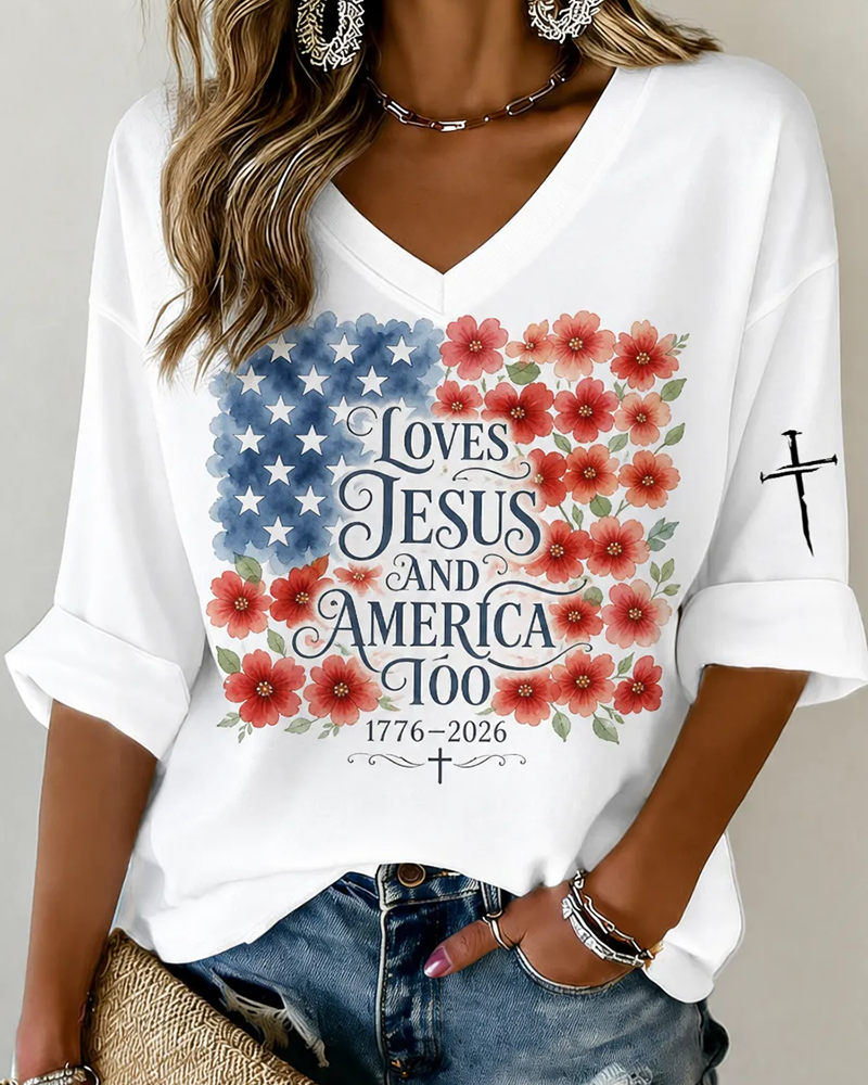 Loves Jesus and America Too Print V-neck Loose T-shirt