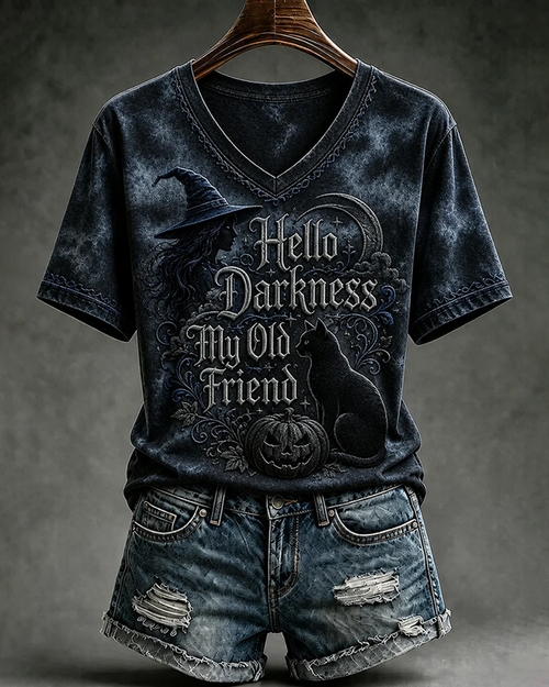 Women's Halloween Hello Darkness My Old Friend Cat Print V-neck Short Sleeve T-Shirt