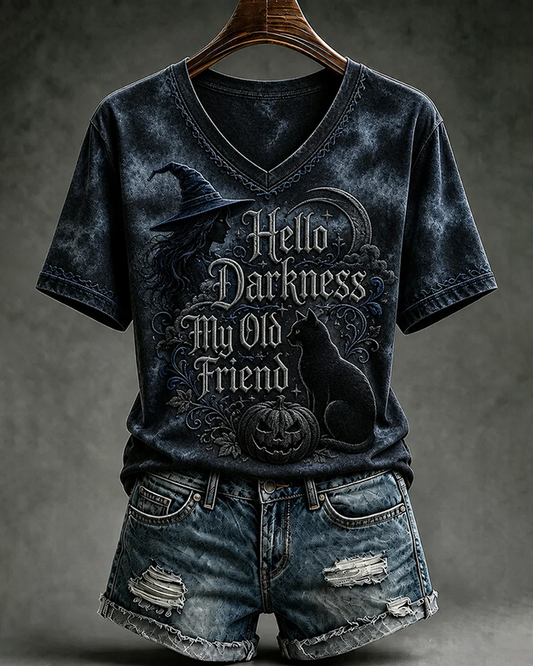 Women's Halloween Hello Darkness My Old Friend Cat Print V-neck Short Sleeve T-Shirt