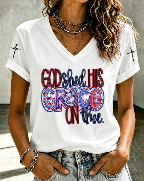 100% Cotton God Shed His Grace On Thee V Neck Short Sleeve Tshirt