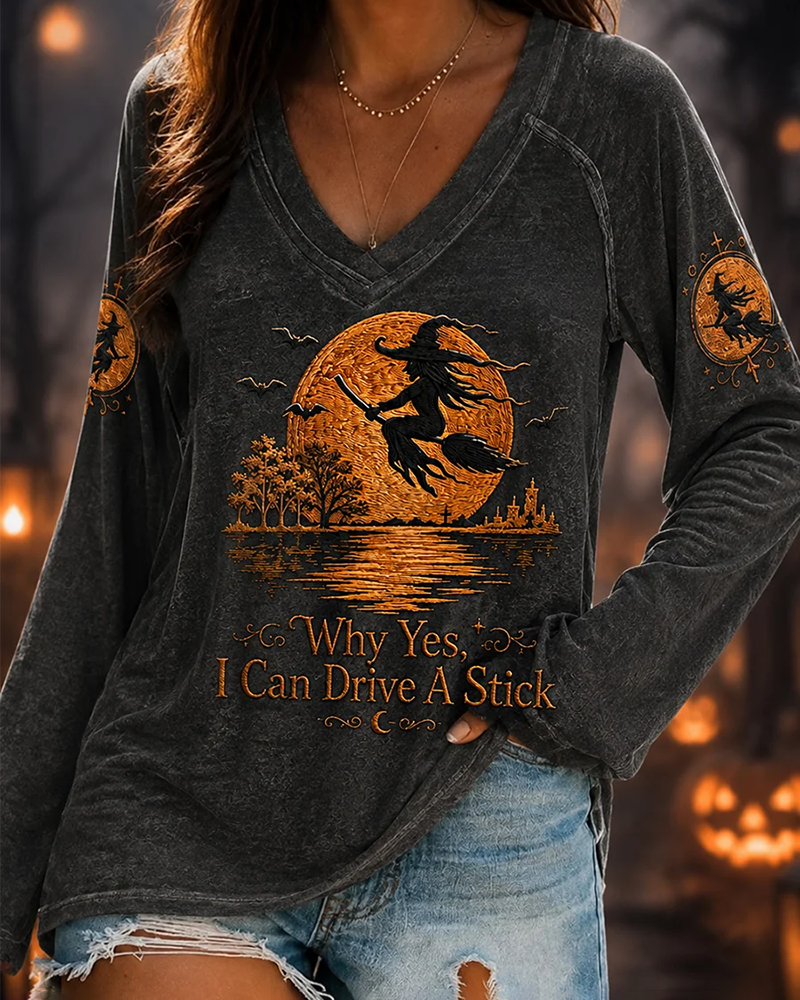 Women's Halloween Why Yes, I Can Drive A Stick V-neck Long-sleeved T-shirt