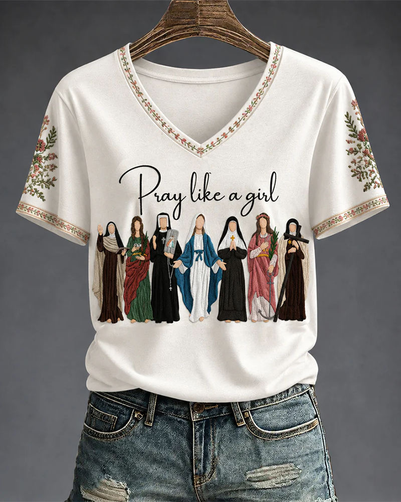 Women's Pray Like A Girl Printed V-neck Short Sleeve Tshirt
