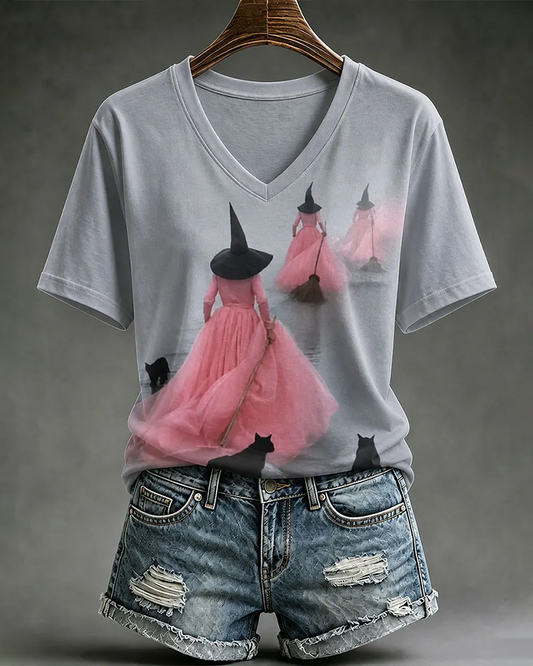 Women's Halloween Witch Black Cat V-neck Short Sleeve T-Shirt