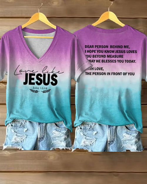 LOVE LIKE JESUS Verse Print V-Neck Short Sleeve T-Shirt