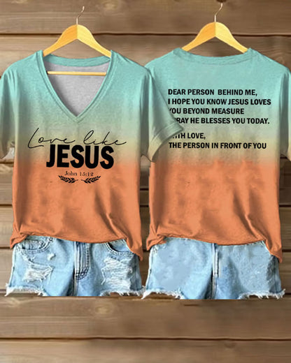 LOVE LIKE JESUS Verse Print V-Neck Short Sleeve T-Shirt