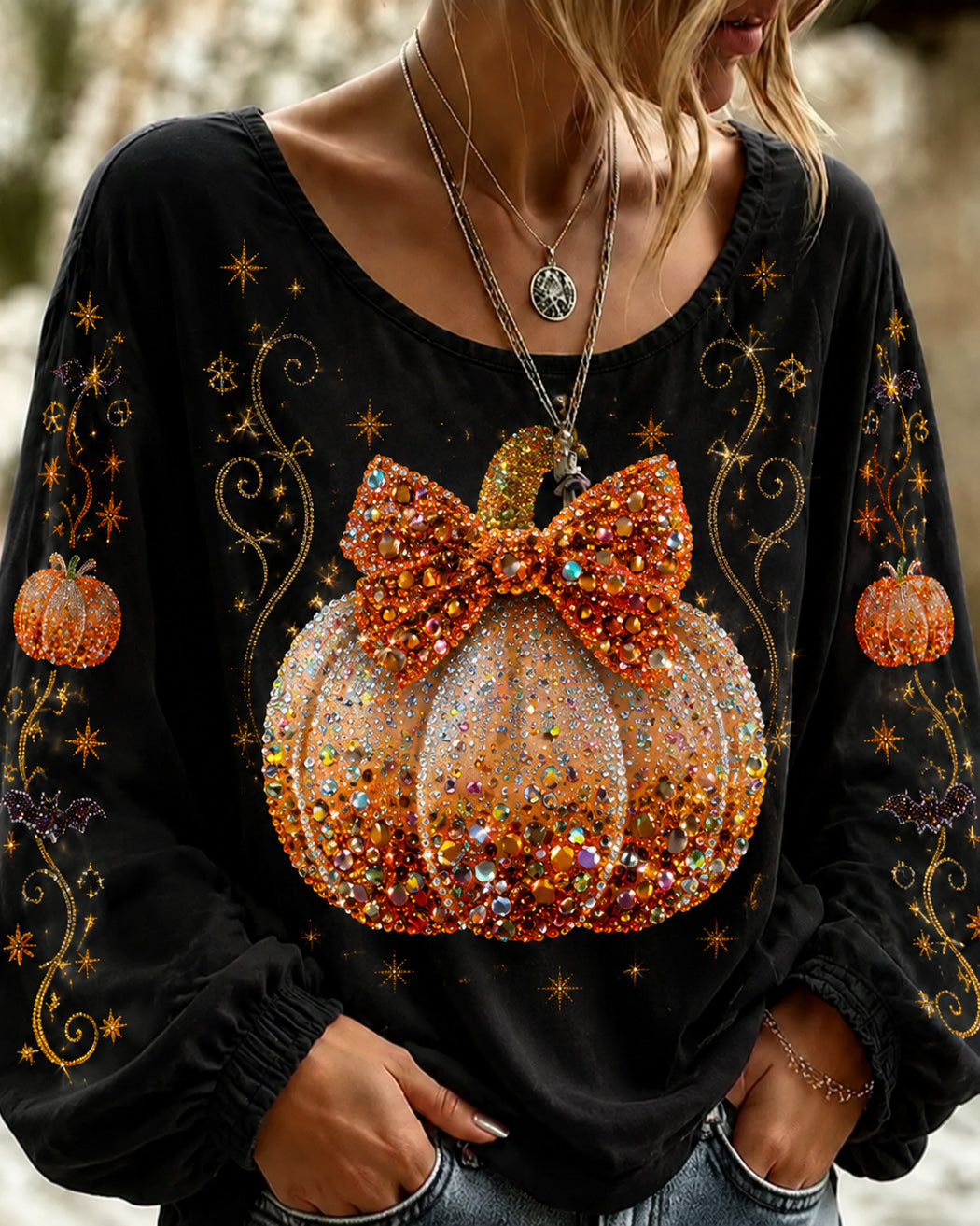 Halloween Diamond Pumpkin Prints Round Neck Puff Sleeves Blouse