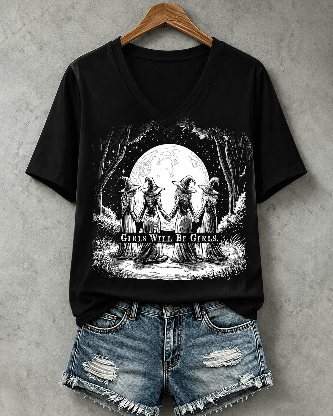 100% Cotton Women's Girls Will Be Girls Funny Witch V- Neck Short Sleeve Tshirt
