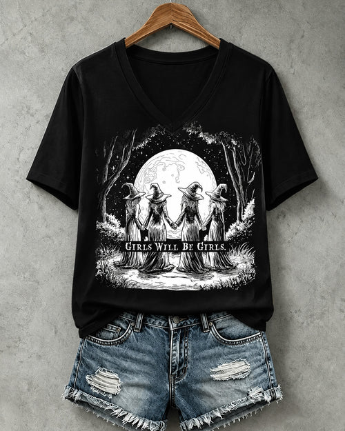 100% Cotton Women's Girls Will Be Girls Funny Witch V- Neck Short Sleeve Tshirt