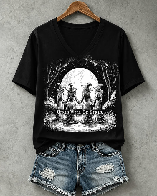100% Cotton Women's Girls Will Be Girls Funny Witch V- Neck Short Sleeve Tshirt