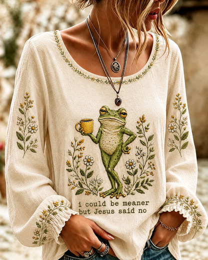 I Could Be Meaner But Jesus Said No Print Round Neck Puff Sleeves Blouse
