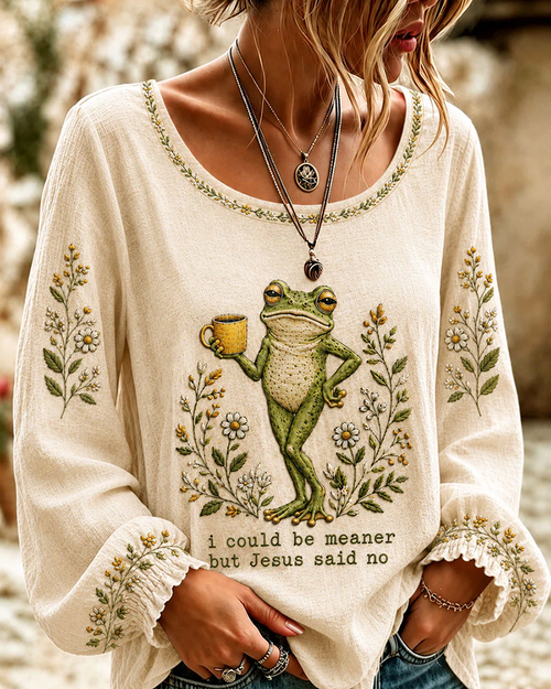I Could Be Meaner But Jesus Said No Print Round Neck Puff Sleeves Blouse