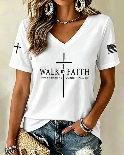 100% Cotton Walk By Faith Print V Neck Short Sleeve Tshirt