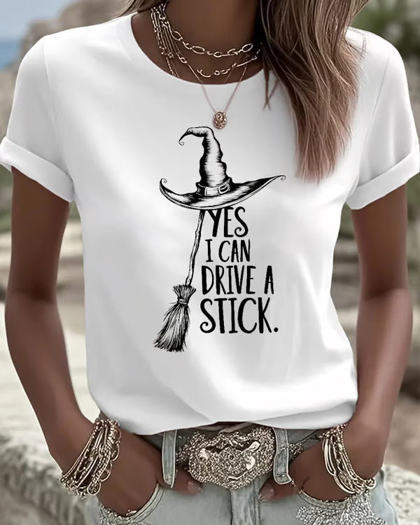 100% Cotton Women's I Can Drive a Stick Print Crew Neck Short Sleeve Tshirt