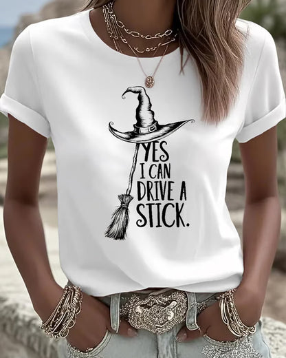100% Cotton Women's I Can Drive a Stick Print Crew Neck Short Sleeve Tshirt