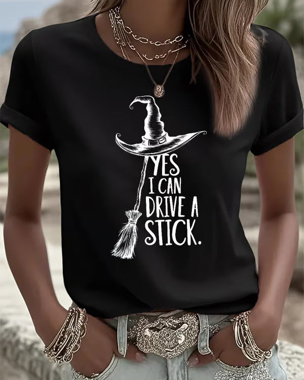 100% Cotton Women's I Can Drive a Stick Print Crew Neck Short Sleeve Tshirt