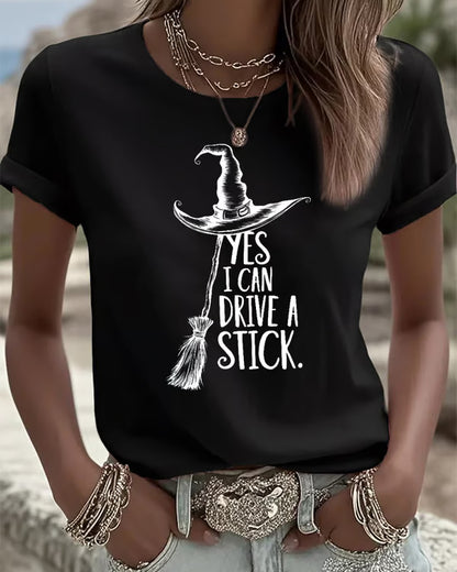 100% Cotton Women's I Can Drive a Stick Print Crew Neck Short Sleeve Tshirt