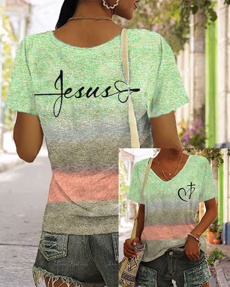 Cross Section Gradient JESUS Handwritten Cross Printed Short Sleeve T-shirt